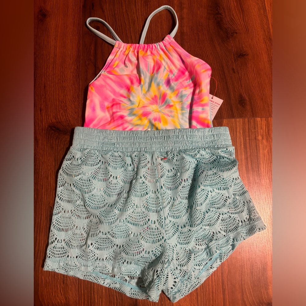 Cat & Jack Girls’ 2 Piece Swimsuit & Shorts Coverup Set - Multicolored S - Picture 5 of 6